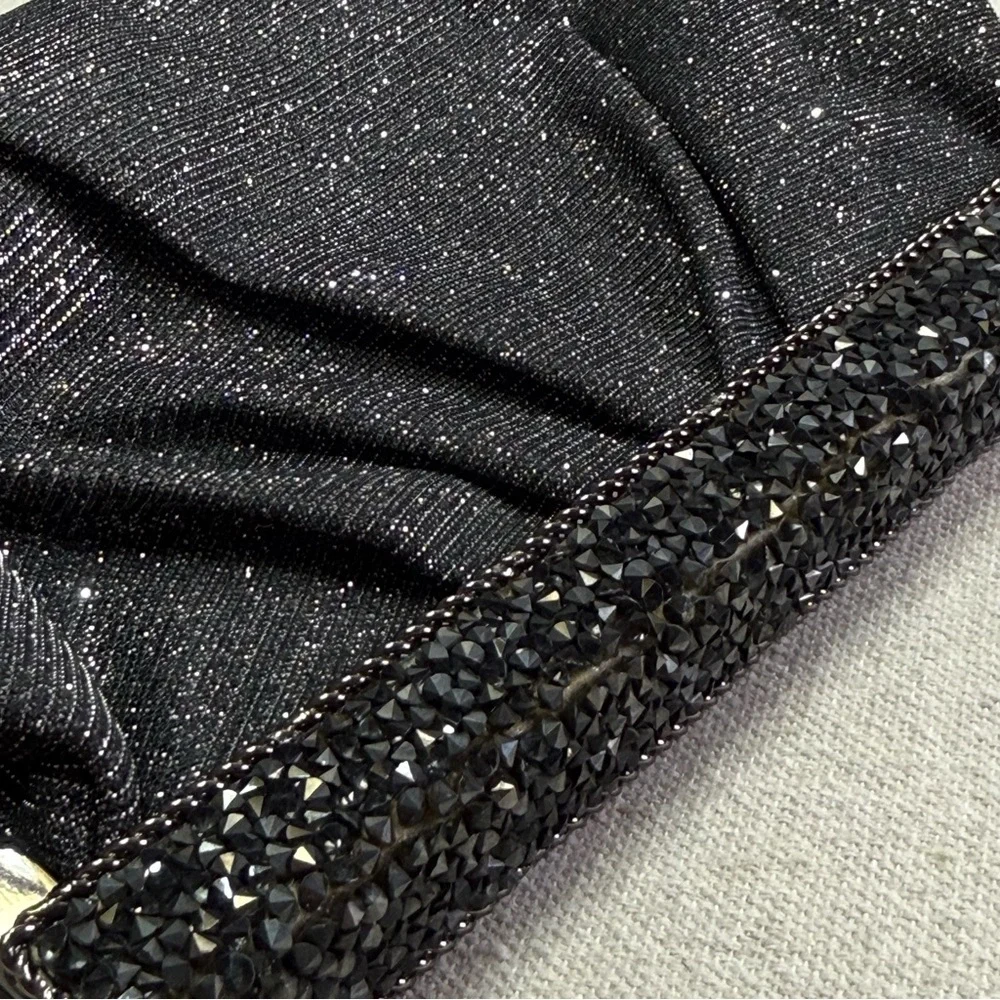 Black Sparkle Rhinestone Frame Clutch Evening Bag w/ Chain Strap
